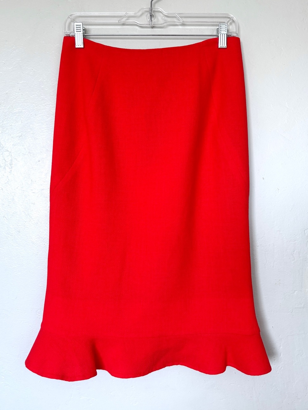 Oscar De La Renta Coral Red Wool Flounced Hem Pencil Skirt Size 6